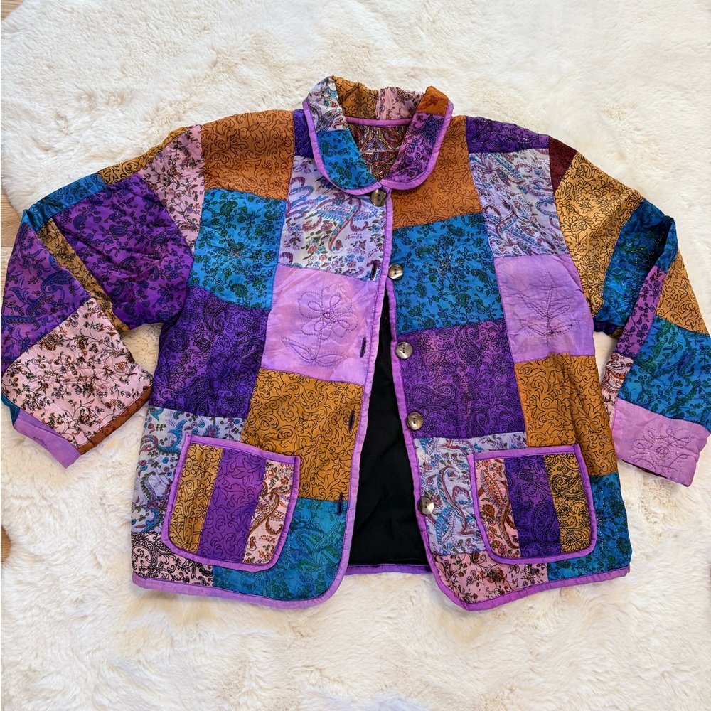 💫Vibrant Vintage Handmade Colorful Fairycore Floral Paisley Patchwork Jacket - Picture 3 of 14